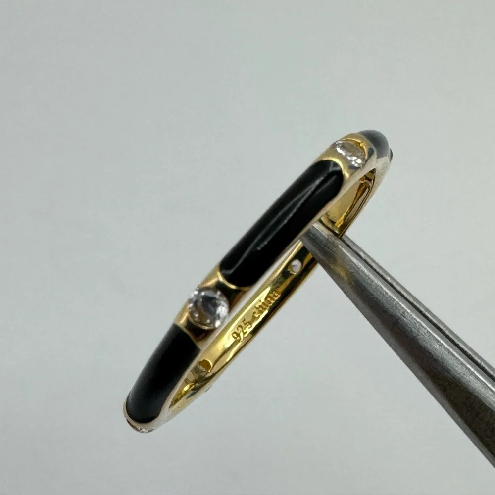 Sterling Silver Gold Plated Black Enamel CZ Stacker Ring Size 7